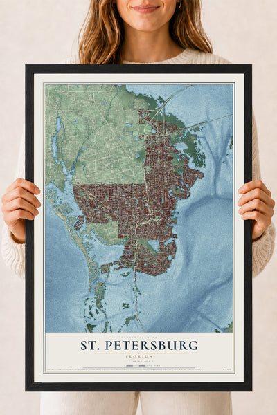 St. Petersburg, Florida map print, 18" x 24" W/ Black Ayous Wood Frame mockup