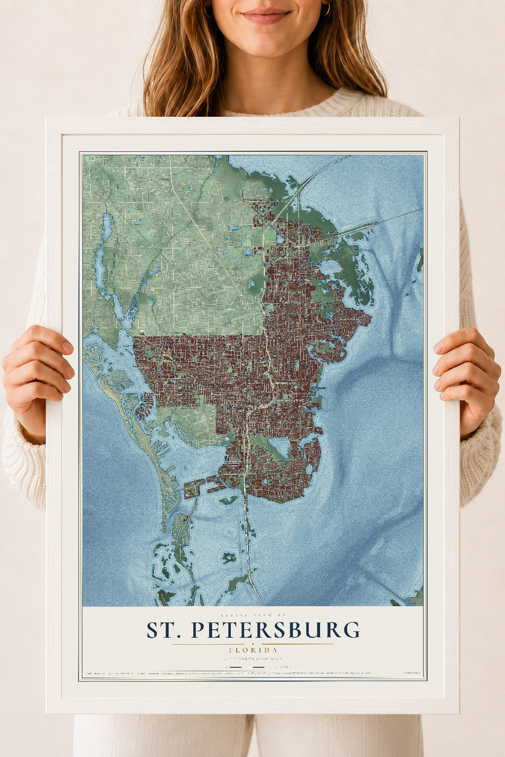 St. Petersburg, Florida map print, 18" x 24" W/ White Ayous Wood Frame mockup