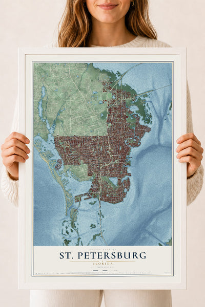 St. Petersburg, Florida map print, 18" x 24" W/ White Ayous Wood Frame mockup