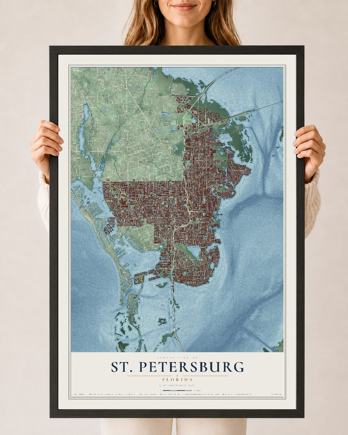 St. Petersburg, Florida map print, 24" x 36" W/ Black Ayous Wood Frame mockup
