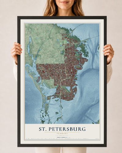 St. Petersburg, Florida map print, 24" x 36" W/ Black Ayous Wood Frame mockup
