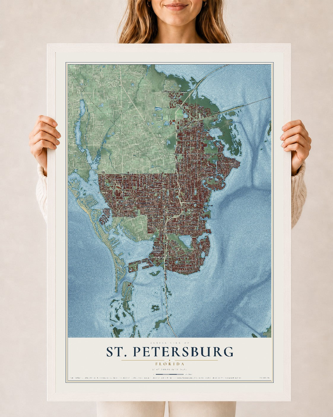 St. Petersburg, Florida map print, 24" x 36" W/ White Ayous Wood Frame mockup