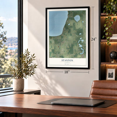 Stanton, Florida map, 18 x 24 inch print in a black frame in a home office