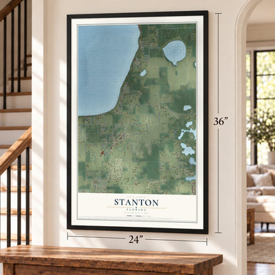 Stanton, Florida map, 24 x 36 inch print in a black frame by a staircase
