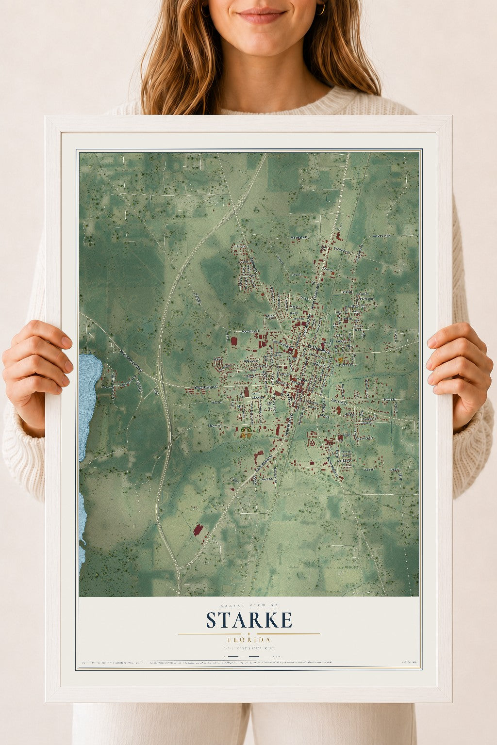 Starke, Florida map print, 18" x 24" W/ White Ayous Wood Frame mockup