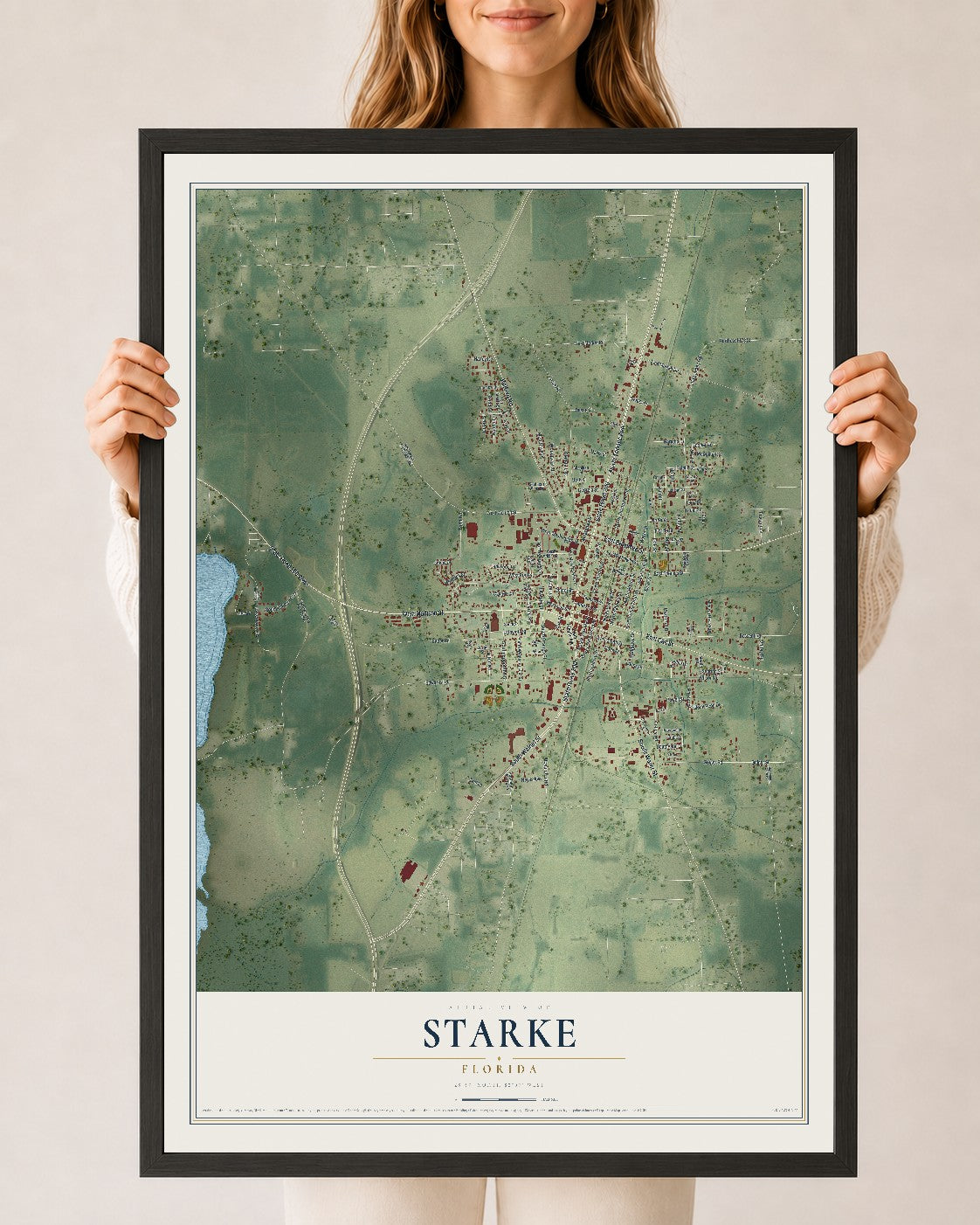 Starke, Florida map print, 24" x 36" W/ Black Ayous Wood Frame mockup