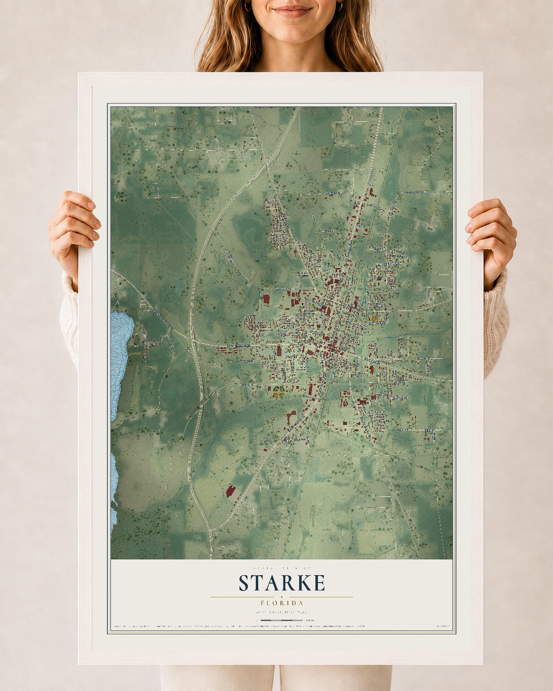Starke, Florida map print, 24" x 36" W/ White Ayous Wood Frame mockup