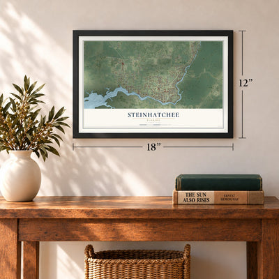Steinhatchee, Florida map, 12 x 18 inch print in a black frame in an entryway
