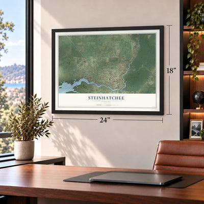 Steinhatchee, Florida map, 18 x 24 inch print in a black frame in a home office