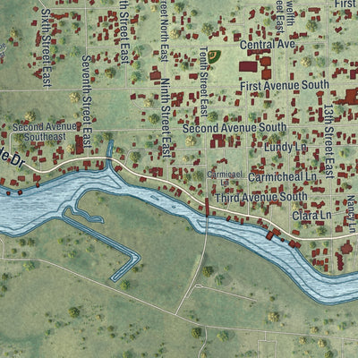 Close-up of the map of Steinhatchee, Florida print showing street and building detail