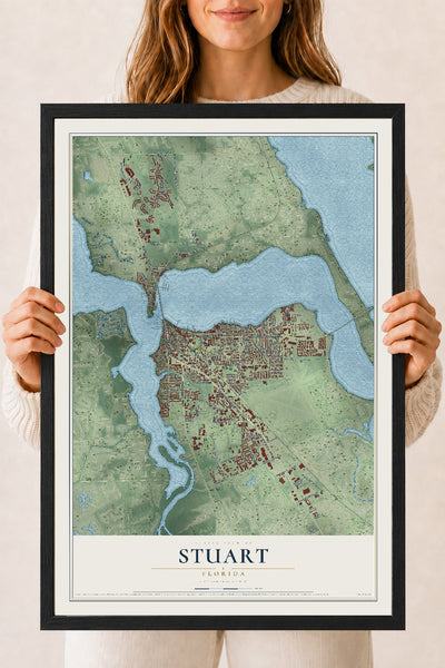 Stuart, Florida map print, 18" x 24" W/ Black Ayous Wood Frame mockup