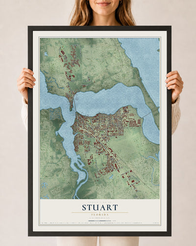 Stuart, Florida map print, 24" x 36" W/ Black Ayous Wood Frame mockup