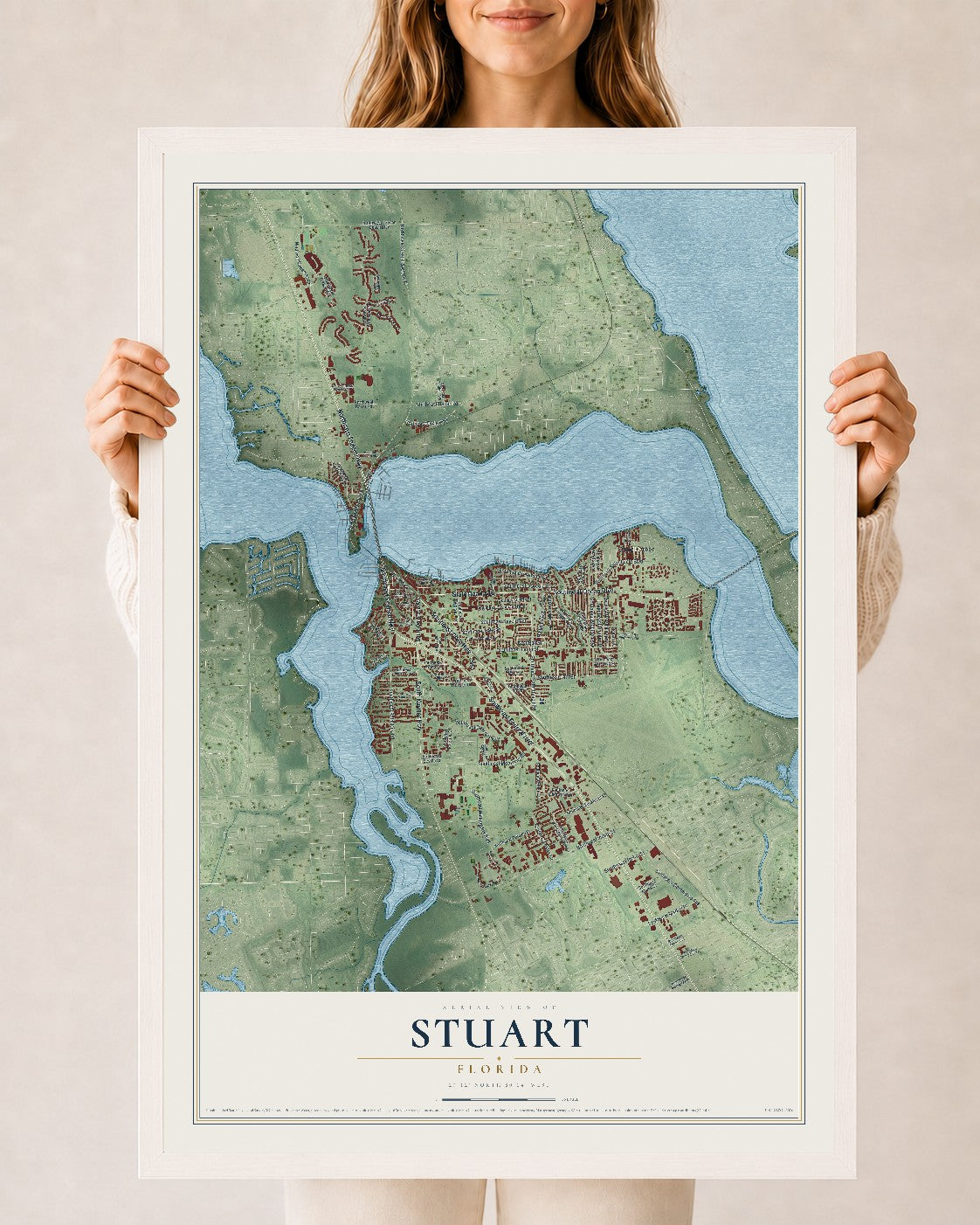 Stuart, Florida map print, 24" x 36" W/ White Ayous Wood Frame mockup