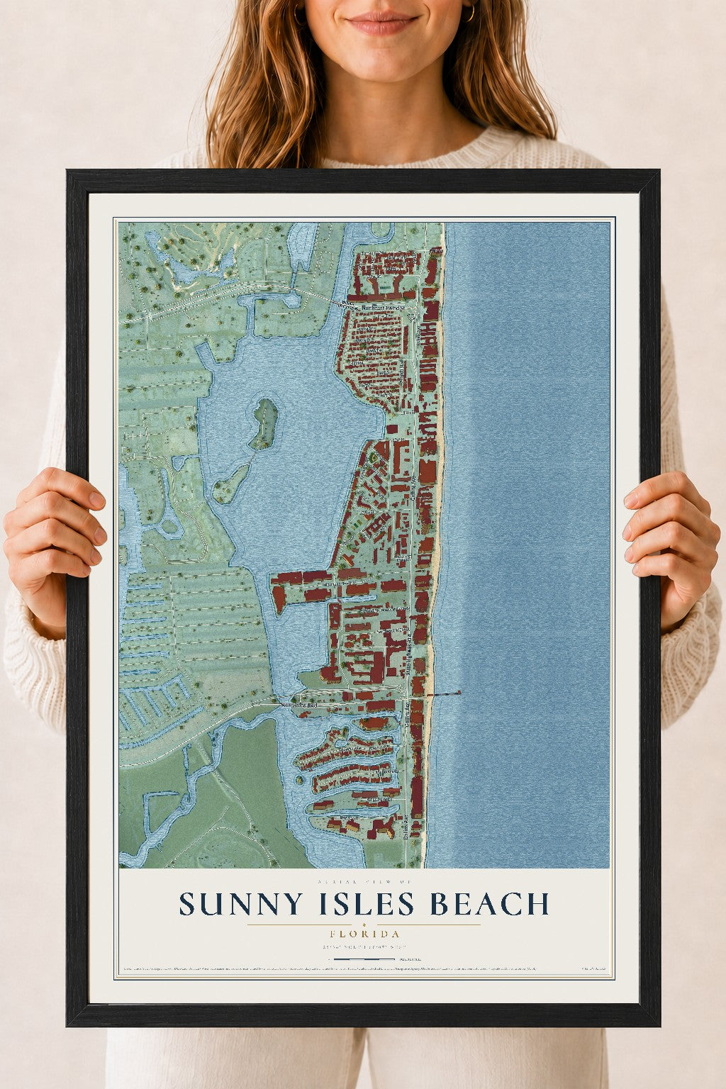 Sunny Isles Beach, Florida map print, 18" x 24" W/ Black Ayous Wood Frame mockup