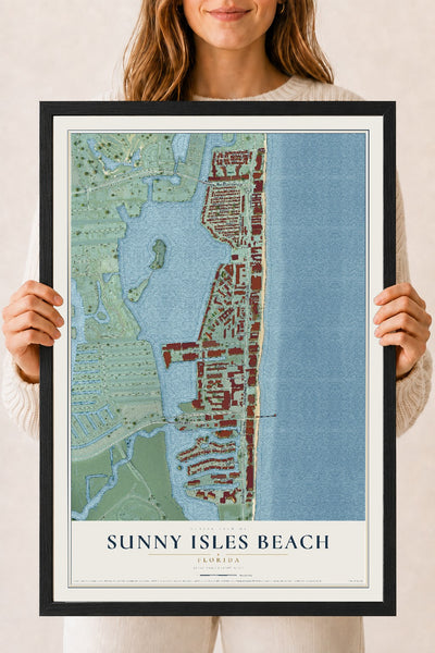 Sunny Isles Beach, Florida map print, 18" x 24" W/ Black Ayous Wood Frame mockup