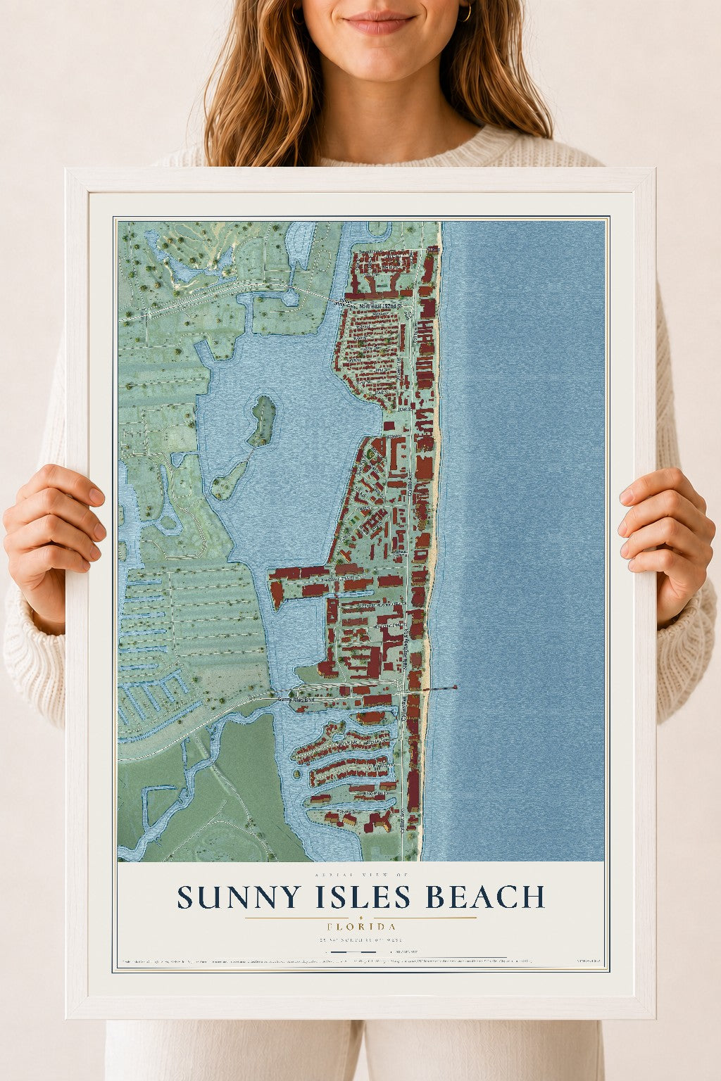 Sunny Isles Beach, Florida map print, 18" x 24" W/ White Ayous Wood Frame mockup