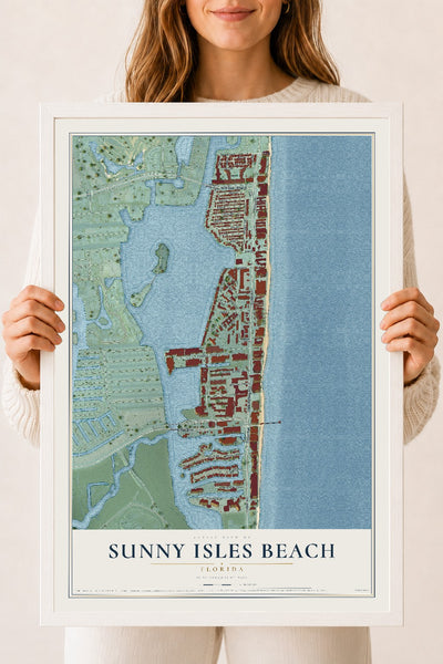 Sunny Isles Beach, Florida map print, 18" x 24" W/ White Ayous Wood Frame mockup