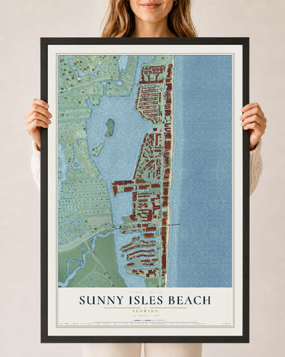 Sunny Isles Beach, Florida map print, 24" x 36" W/ Black Ayous Wood Frame mockup