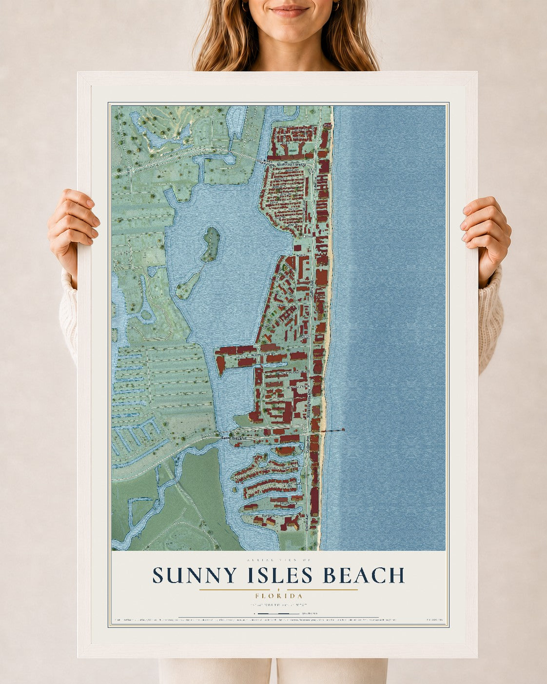 Sunny Isles Beach, Florida map print, 24" x 36" W/ White Ayous Wood Frame mockup