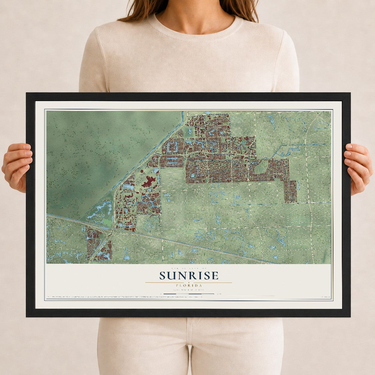 Sunrise, Florida map print, 12" x 18" W/ Black Ayous Wood Frame mockup