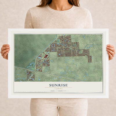 Sunrise, Florida map print, 12" x 18" W/ White Ayous Wood Frame mockup