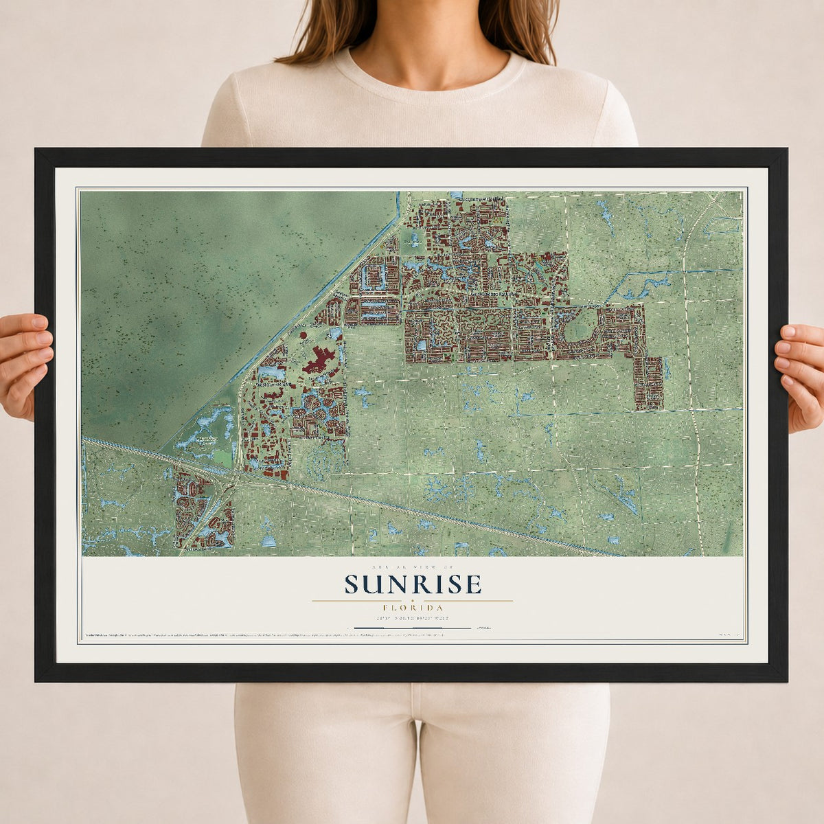 Sunrise, Florida map print, 18" x 24" W/ Black Ayous Wood Frame mockup
