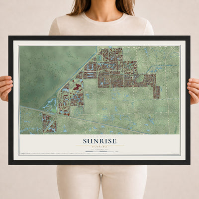 Sunrise, Florida map print, 18" x 24" W/ Black Ayous Wood Frame mockup