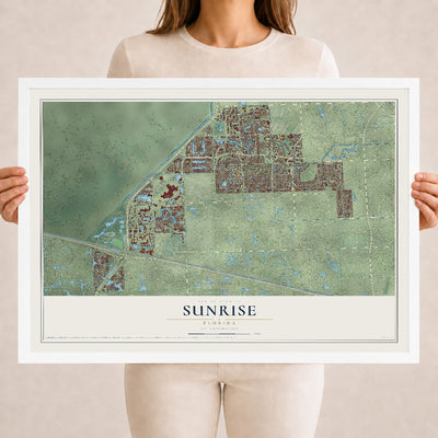 Sunrise, Florida map print, 18" x 24" W/ White Ayous Wood Frame mockup