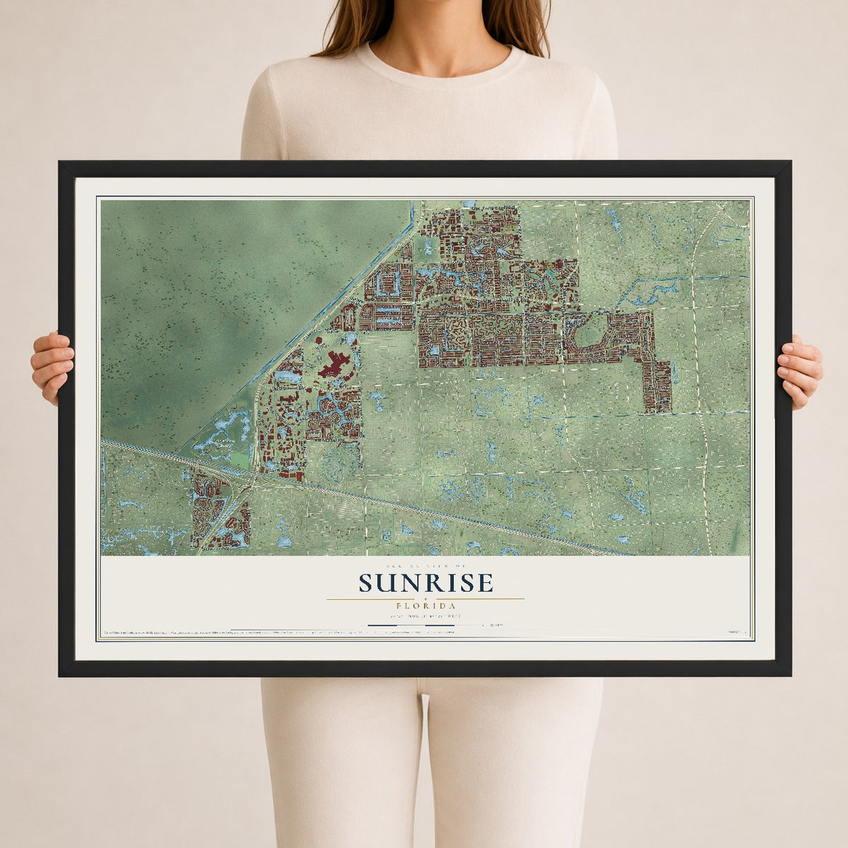 Sunrise, Florida map print, 24" x 36" W/ Black Ayous Wood Frame mockup