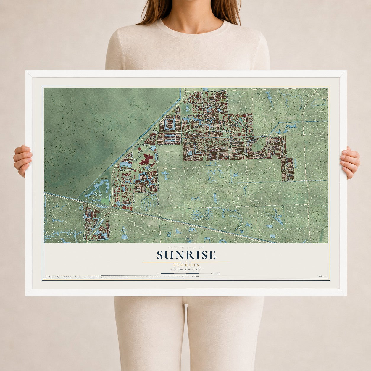 Sunrise, Florida map print, 24" x 36" W/ White Ayous Wood Frame mockup