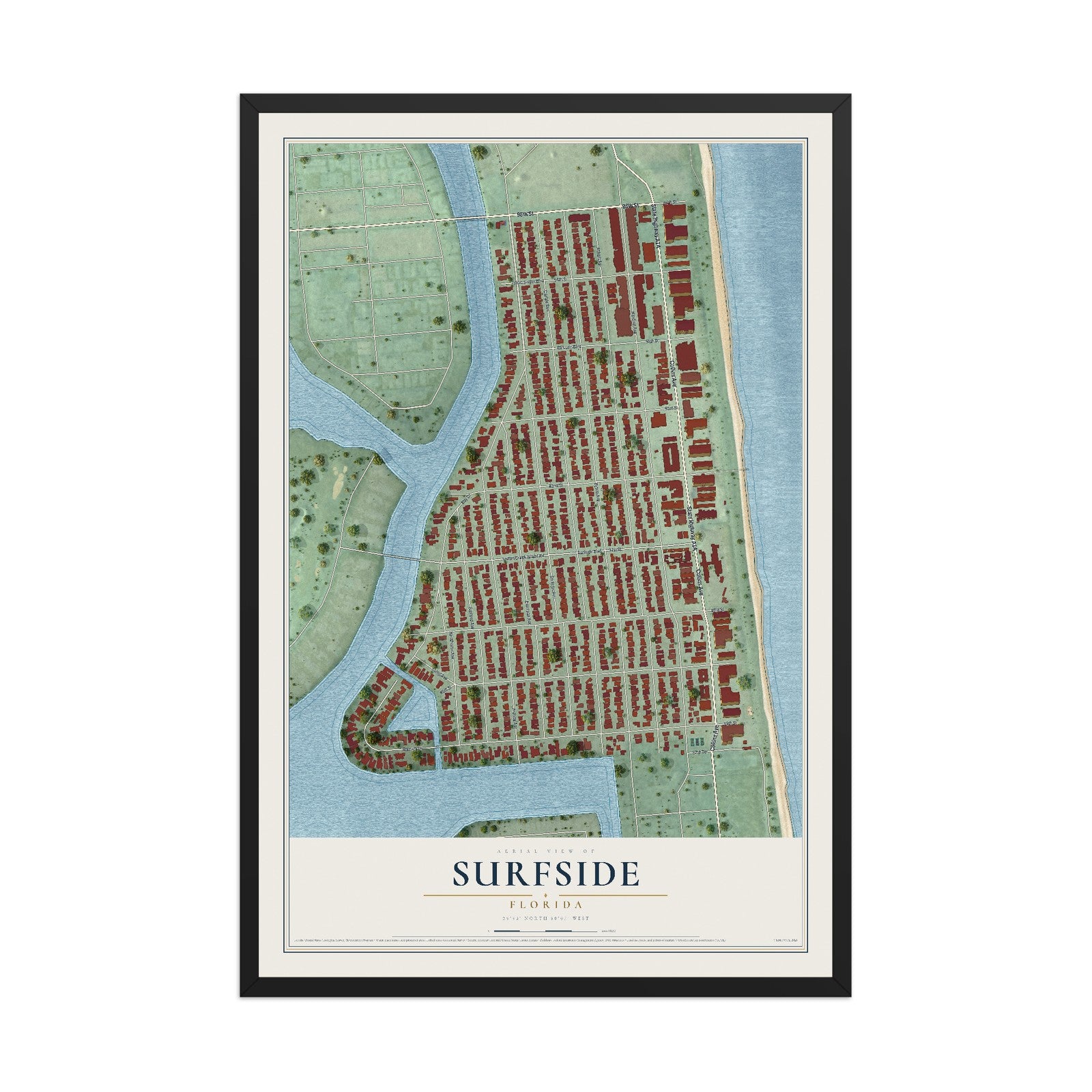 Surfside, Florida map print, 12" x 18" W/ Black Ayous Wood Frame mockup