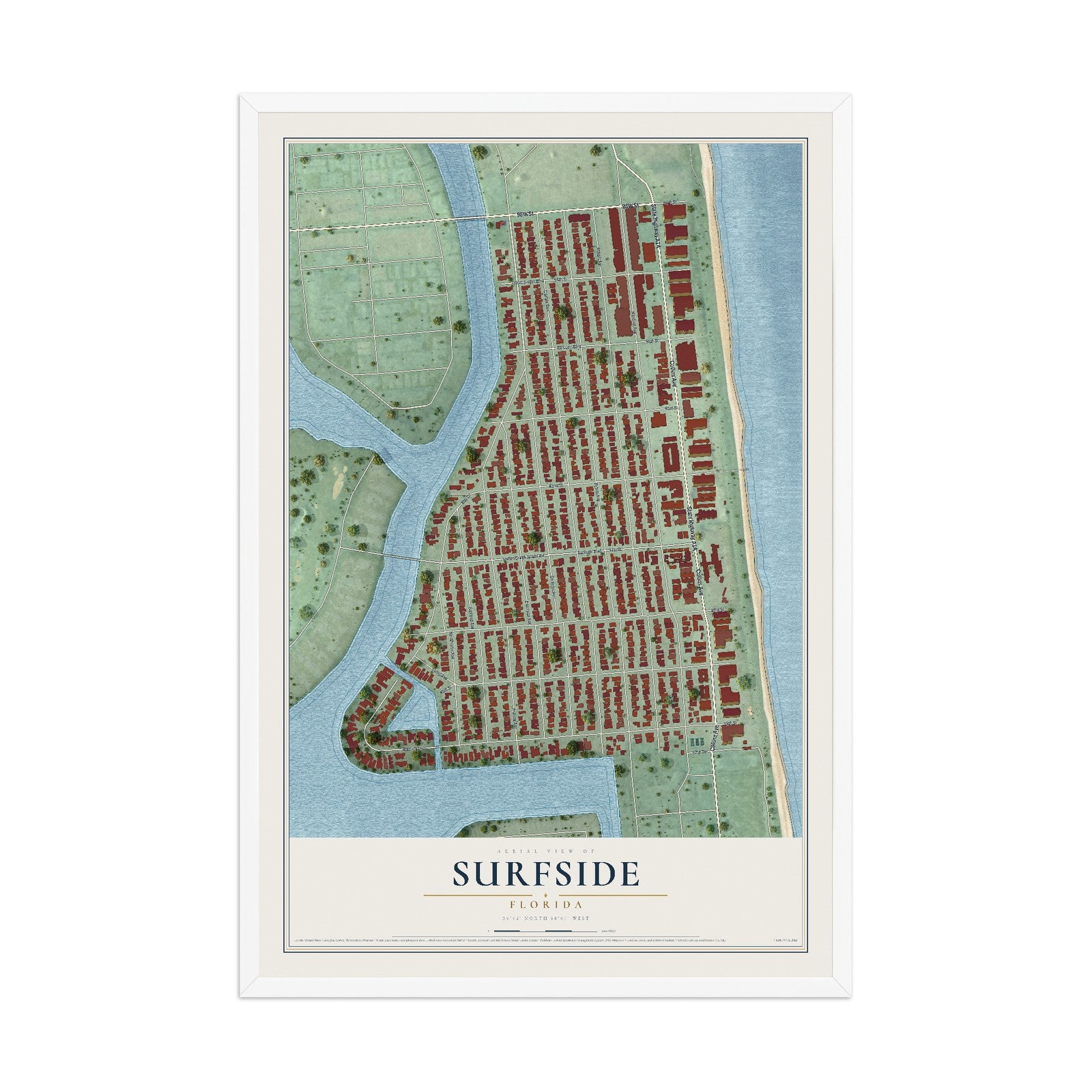 Surfside, Florida map print, 12" x 18" W/ White Ayous Wood Frame mockup