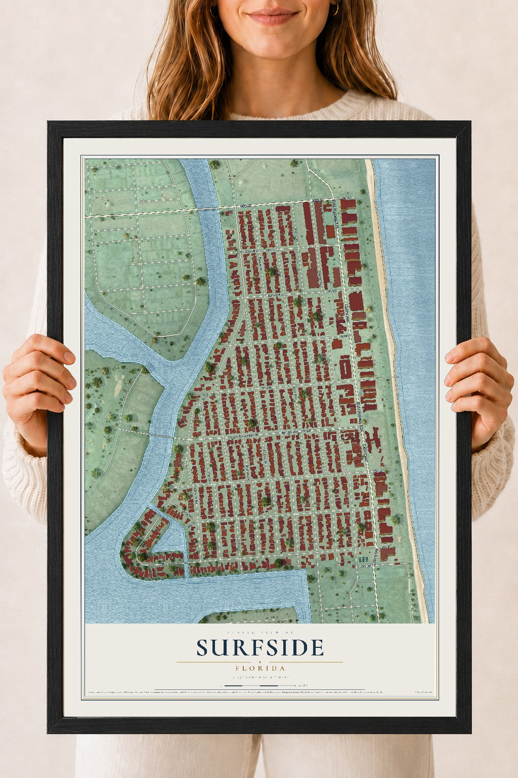 Surfside, Florida map print, 18" x 24" W/ Black Ayous Wood Frame mockup
