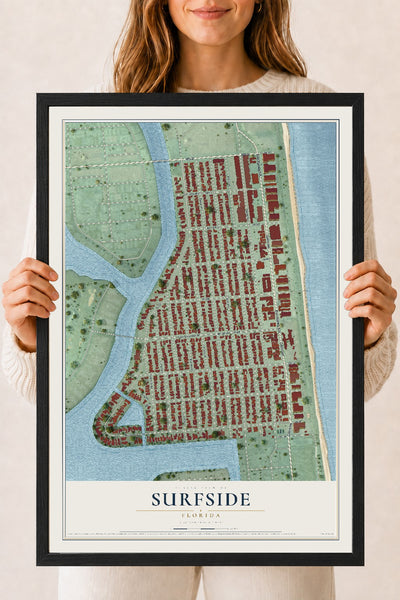 Surfside, Florida map print, 18" x 24" W/ Black Ayous Wood Frame mockup