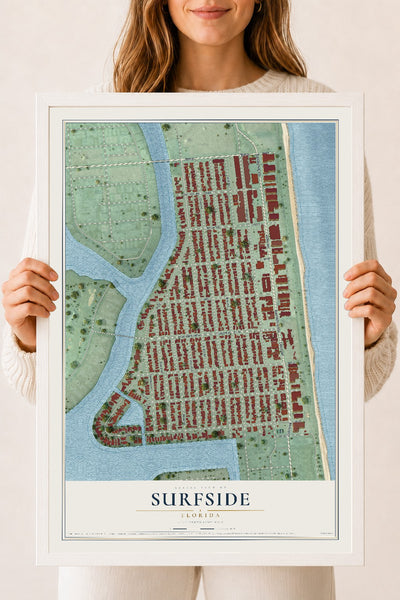 Surfside, Florida map print, 18" x 24" W/ White Ayous Wood Frame mockup
