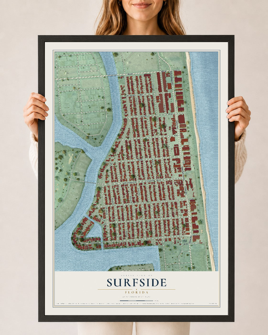 Surfside, Florida map print, 24" x 36" W/ Black Ayous Wood Frame mockup