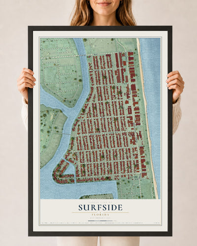 Surfside, Florida map print, 24" x 36" W/ Black Ayous Wood Frame mockup