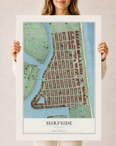 Surfside, Florida map print, 24" x 36" W/ White Ayous Wood Frame mockup
