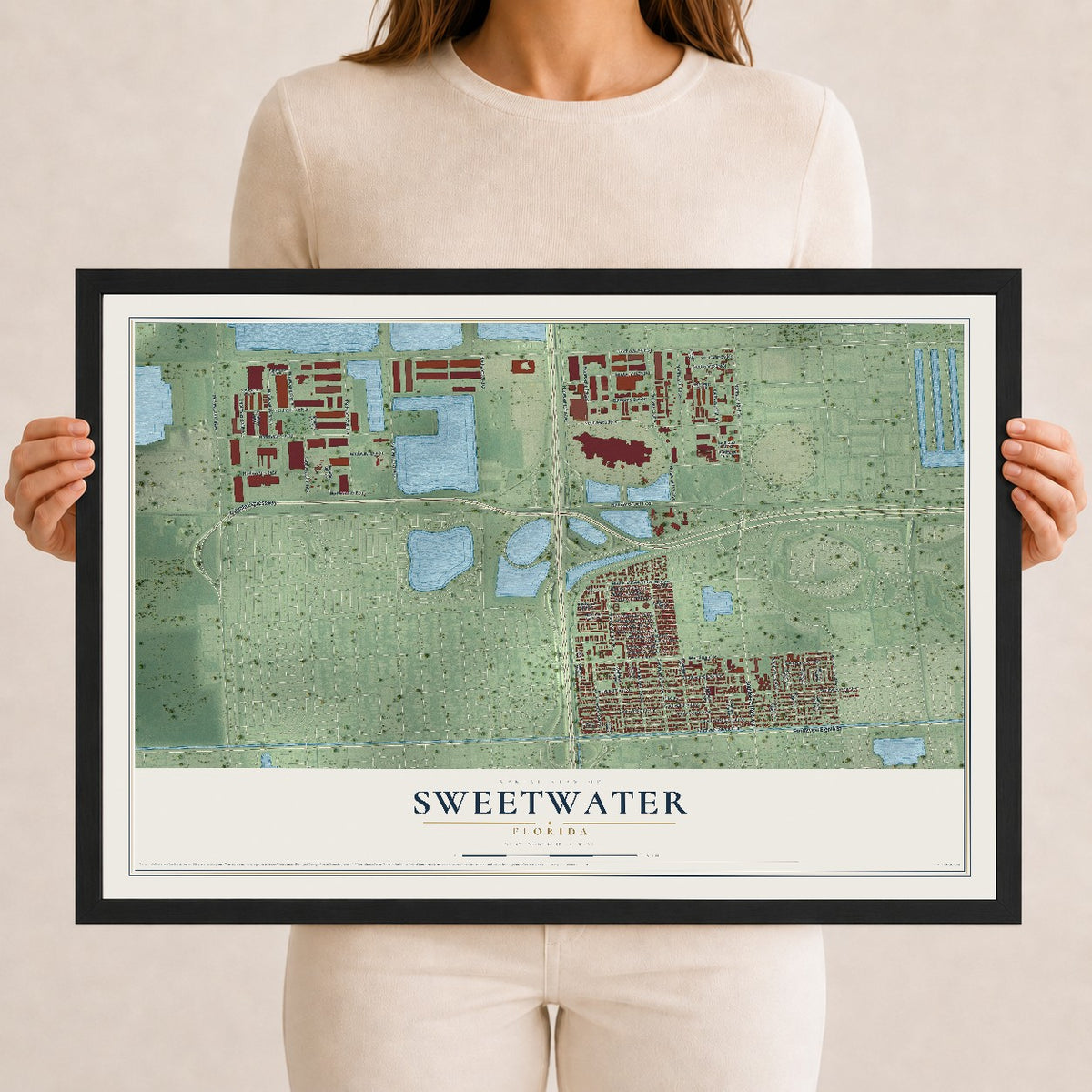 Sweetwater, Florida map print, 12" x 18" W/ Black Ayous Wood Frame mockup