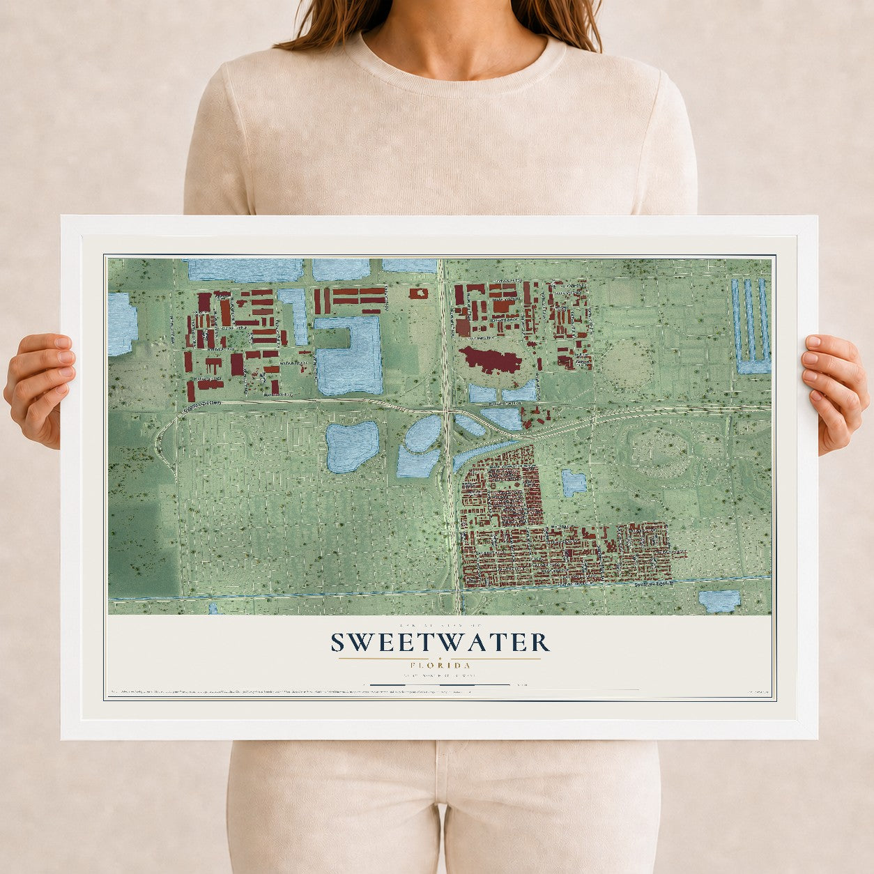 Sweetwater, Florida map print, 12" x 18" W/ White Ayous Wood Frame mockup
