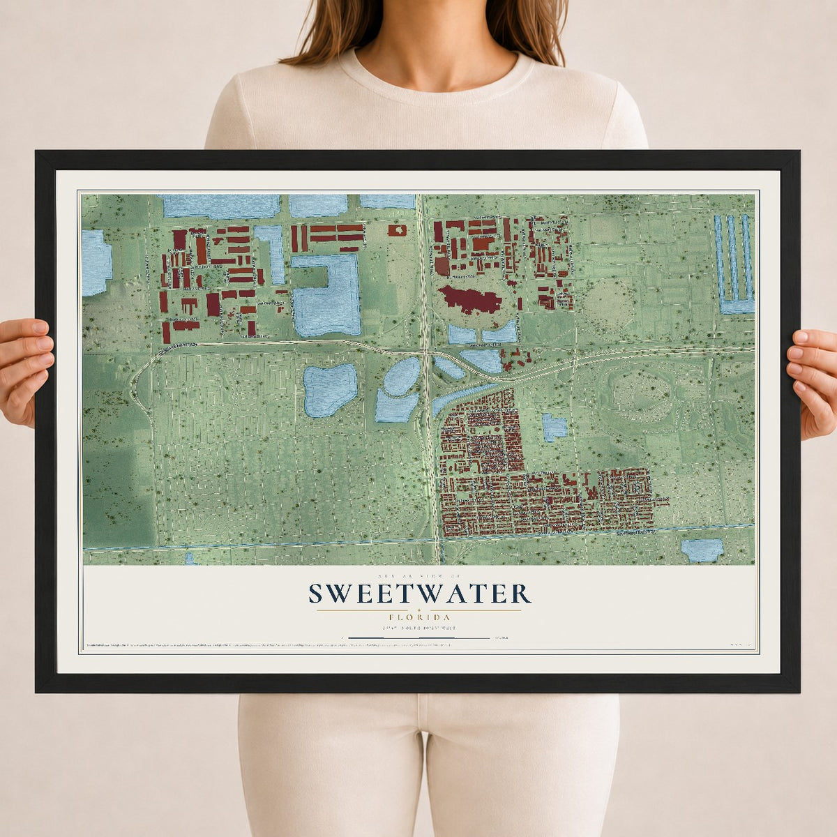 Sweetwater, Florida map print, 18" x 24" W/ Black Ayous Wood Frame mockup