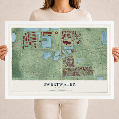Sweetwater, Florida map print, 18" x 24" W/ White Ayous Wood Frame mockup