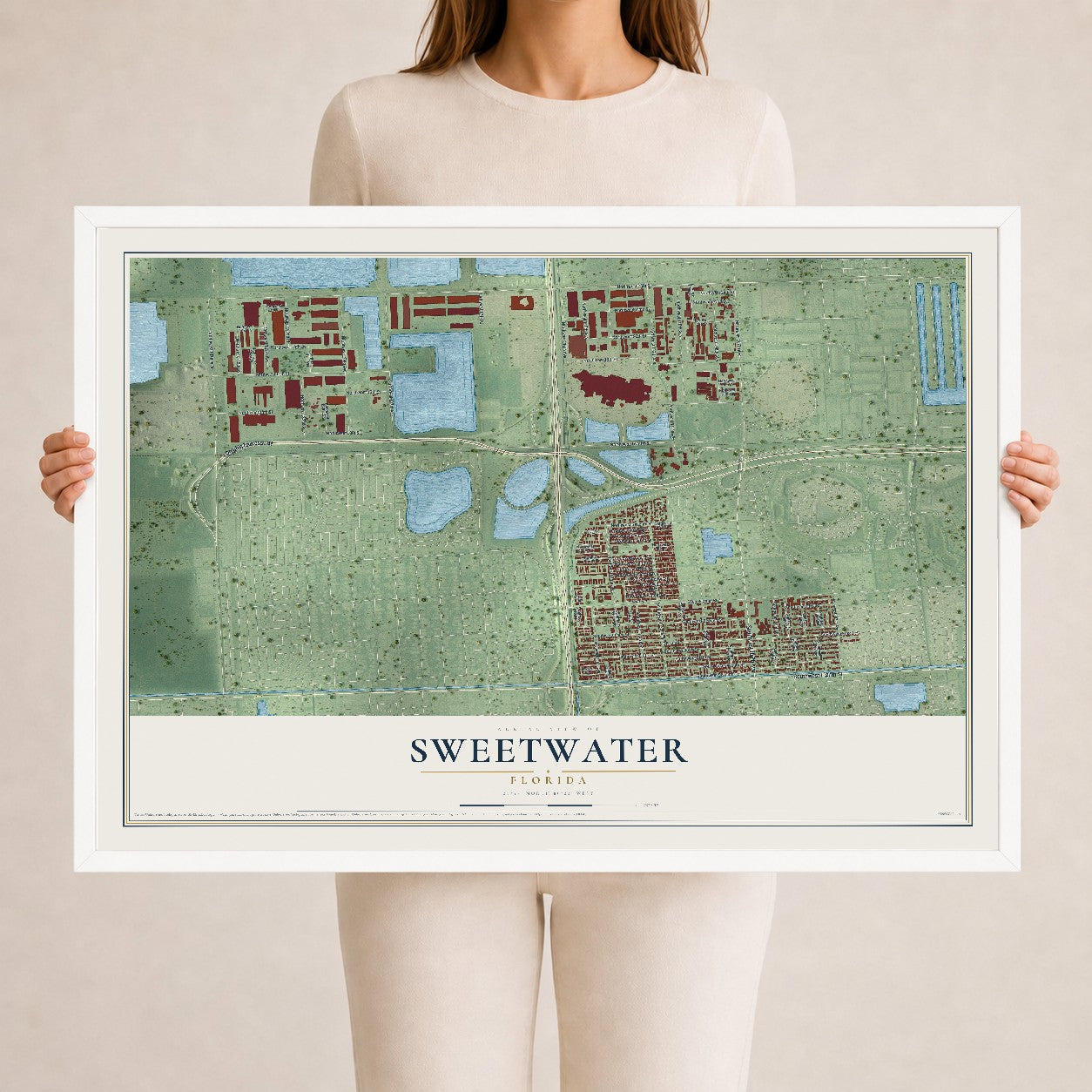 Sweetwater, Florida map print, 24" x 36" W/ White Ayous Wood Frame mockup