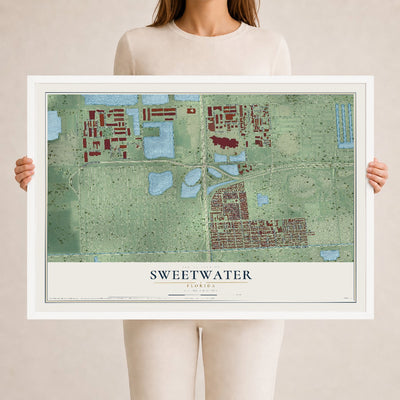 Sweetwater, Florida map print, 24" x 36" W/ White Ayous Wood Frame mockup