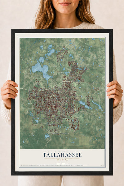 Tallahassee, Florida map print, 18" x 24" W/ Black Ayous Wood Frame mockup