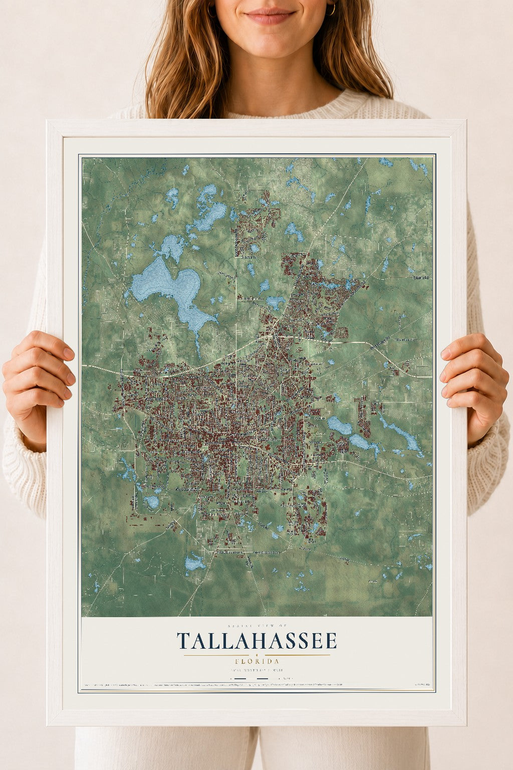 Tallahassee, Florida map print, 18" x 24" W/ White Ayous Wood Frame mockup