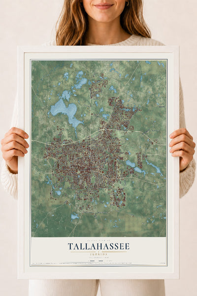 Tallahassee, Florida map print, 18" x 24" W/ White Ayous Wood Frame mockup