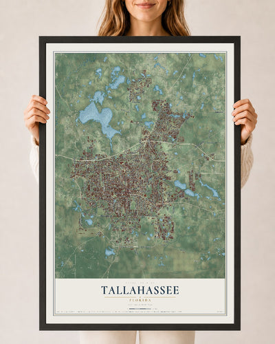 Tallahassee, Florida map print, 24" x 36" W/ Black Ayous Wood Frame mockup