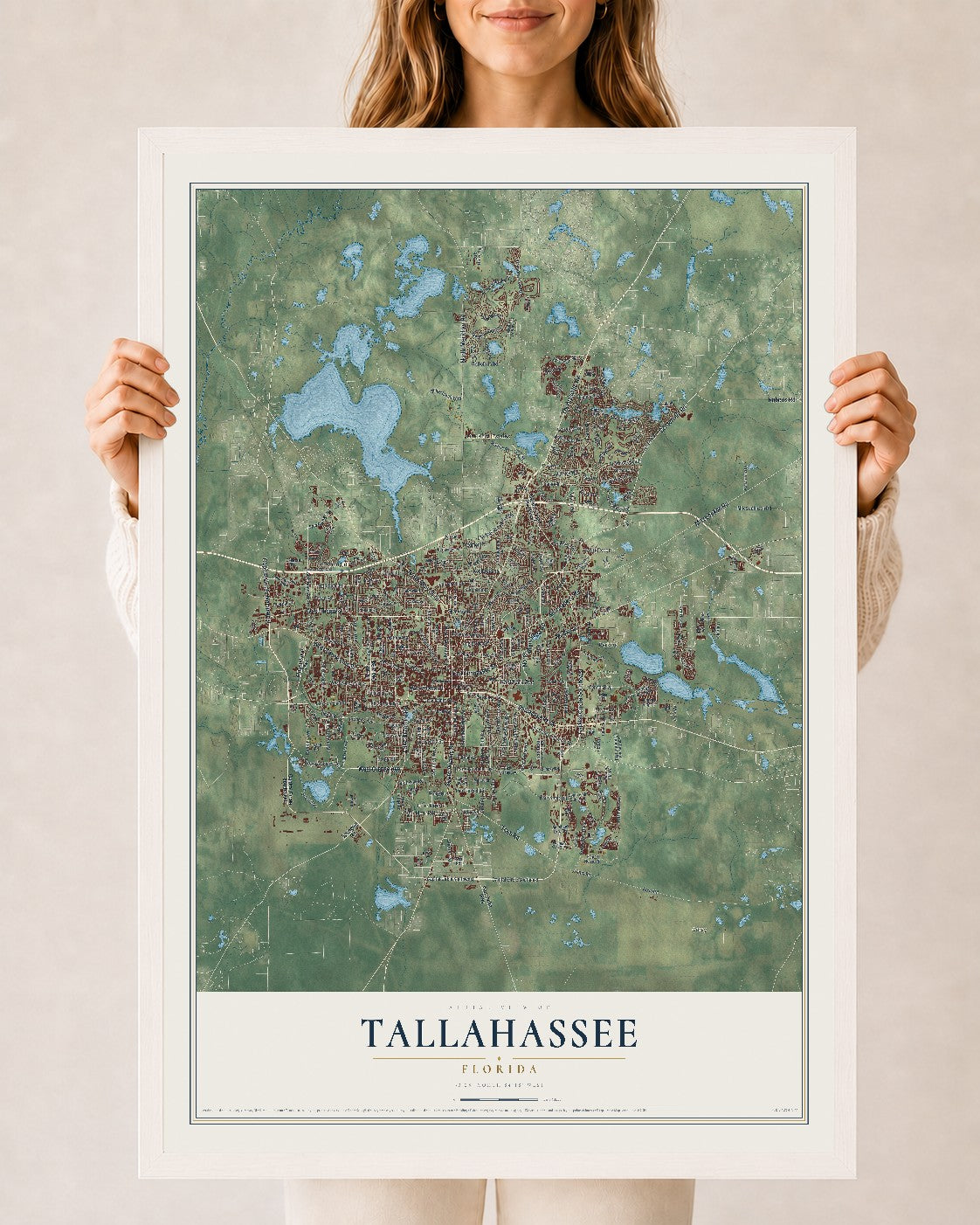 Tallahassee, Florida map print, 24" x 36" W/ White Ayous Wood Frame mockup