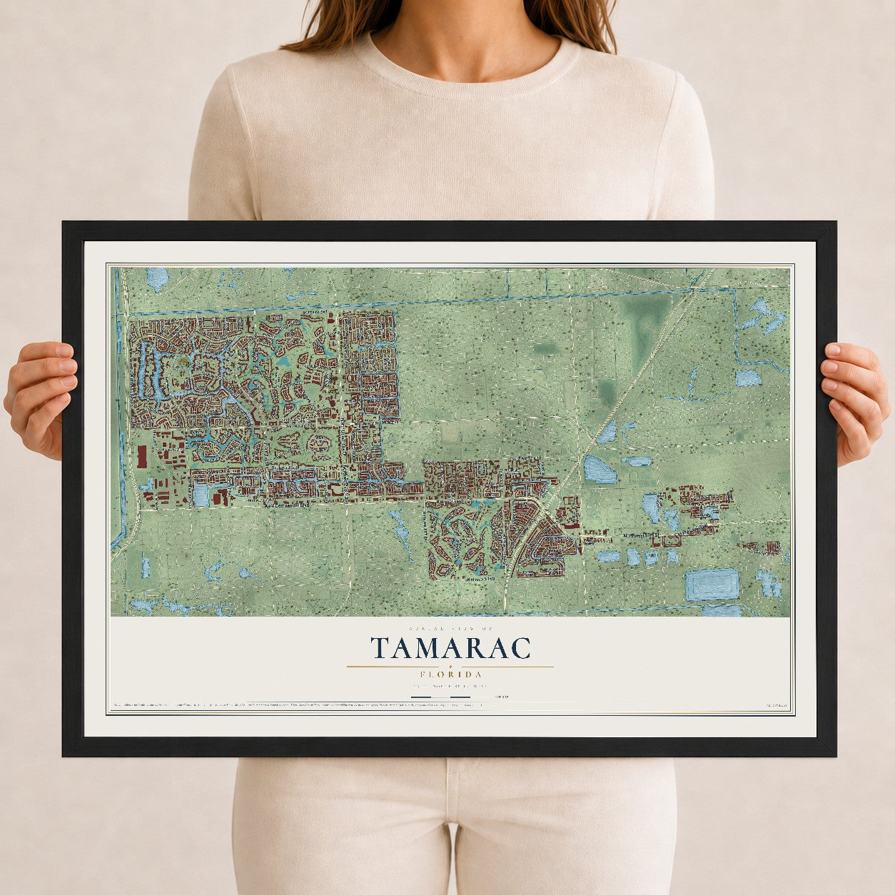 Tamarac, Florida map print, 12" x 18" W/ Black Ayous Wood Frame mockup
